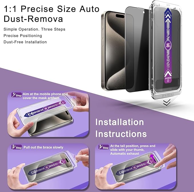Privacy Screen Protector for iPhone 17, iPhone 16 Pro 6.3-Inch, Auto Dust Removal, 9H Tempered Glass, Full Cover, Anti-Fingerprint, Easy Installation,2 Pack