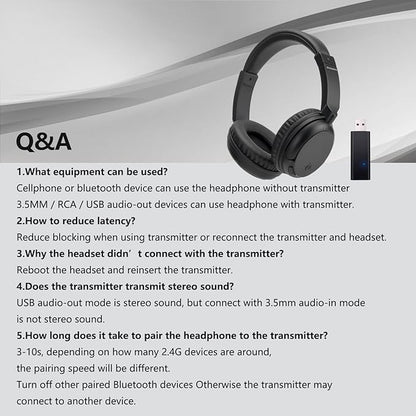 Wireless Bluetooth Headphone Over Ear, Bluetooth Transmitter for TV,PC,3.5mm Audio Device, Wired and Wireless Headset (Black)