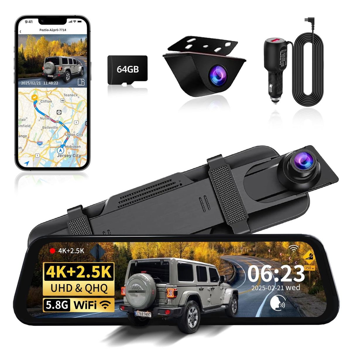 4K+2.5K Rearview Mirror Dual Dash Cam for Cars, Night Vision WiFi