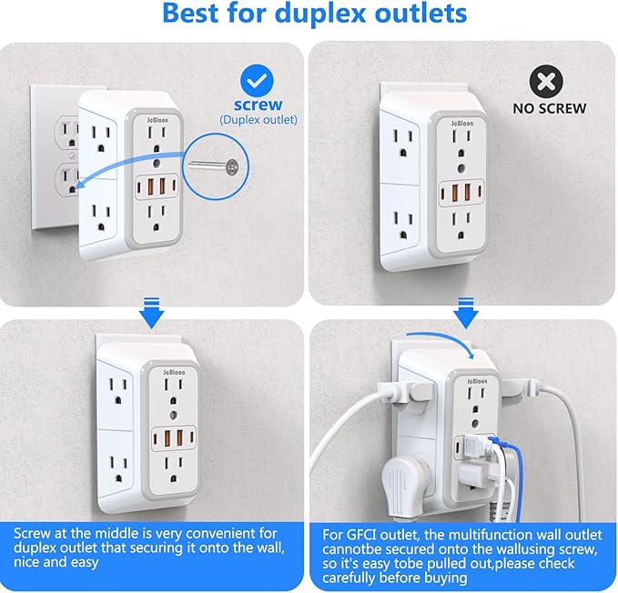 3 Pack Surge Protector Outlet Extender, 6 Outlet Splitter with 4 USB Ports (2 USB C), Multi Plug Wall Outlet 1050J Power Strip, USB Wall Charger for Home Office Kitchen Travel-ETL