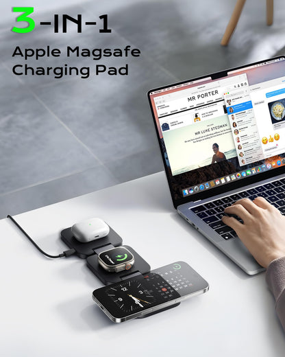 Qi2 Certified 3 in 1 Travel Charger MagSafe Compatible, Upgraded Foldable Wireless Charger Stand, Mag-Safe 3 in 1 Charging Station,15W Fast Charging for iPhone 17/16/15/14/13/12, Apple Watch, AirPods