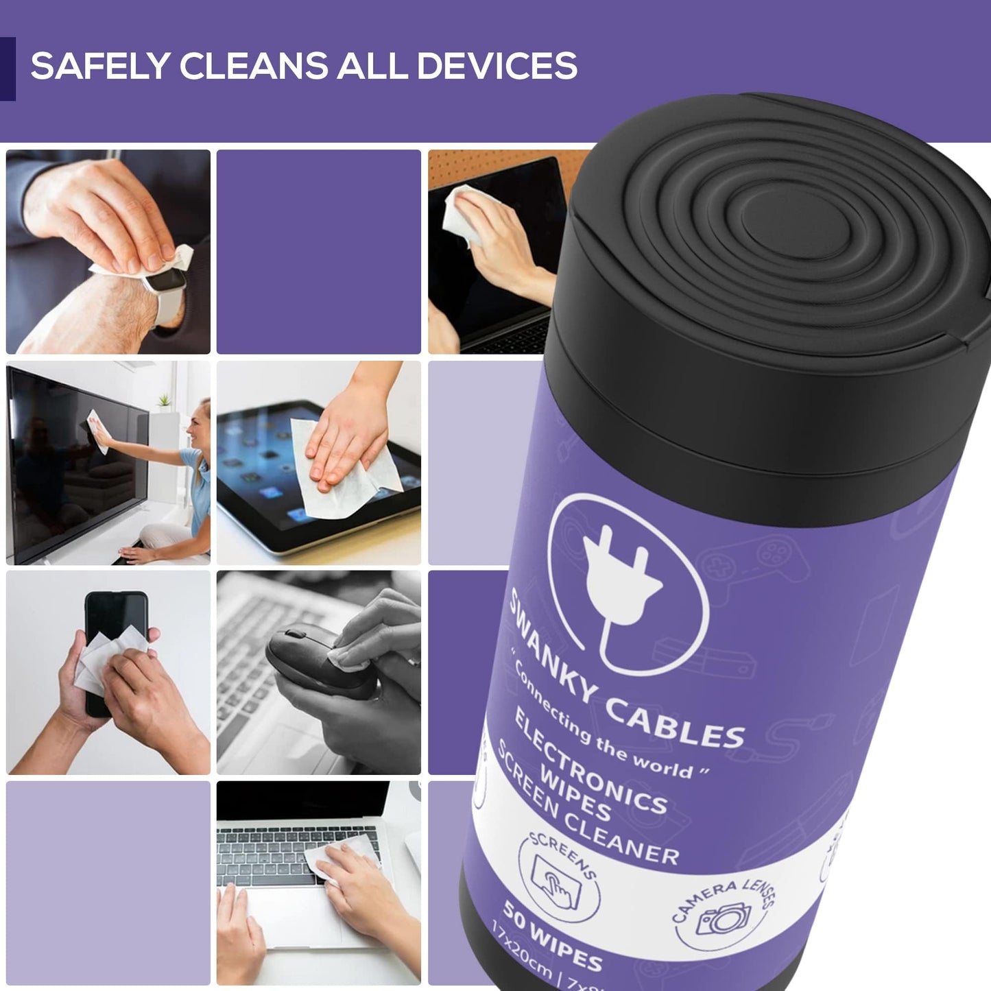 Swanky Cables Screen Cleaner Wipes: Electronic Wipes for Screens - Computer Screen Wipes for Lens, Phone, TV Screen and Monitor Cleaning - Tech Wipes & Microfiber Cloth (Canister, 600 Count)
