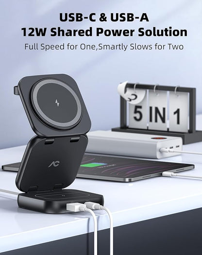 5-in-1 Wireless Charger for MagSafe, AC ISLAND Portable Travel Charging Station, 15W Max Fast Foldable Magnetic Stand, Evolved for iPhone 16/15/14/13 Series, Apple Watch, AirPods (with 35W Adapter)