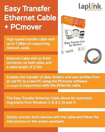 LAPLINK Easy Transfer Cable, Includes PCmover Express Data Transfer Software and High Speed Ethernet Cable, Single Use License, Only Transfers Files and Settings. Compatible with Windows 11