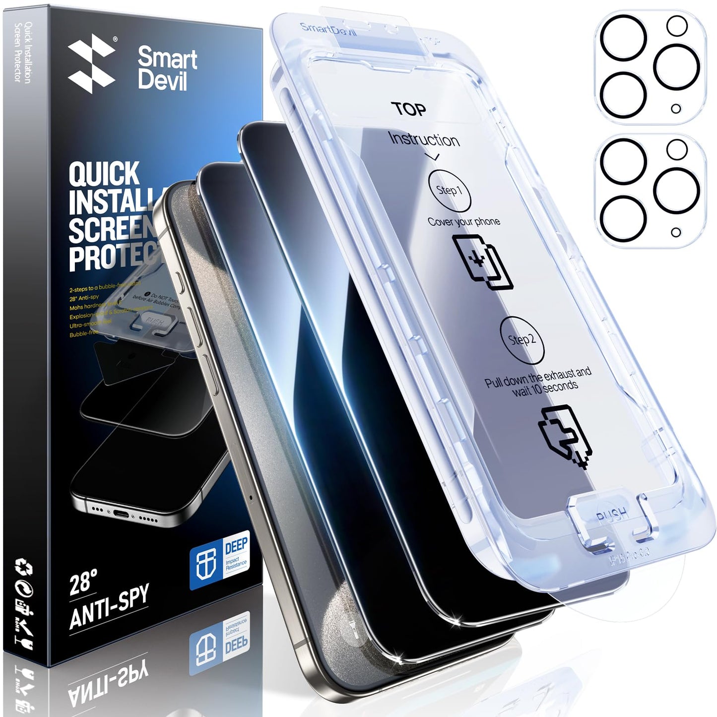 SMARTDEVIL Privacy Screen Protector for iPhone 15 Pro 2 Pack Private Tempered Glass + 2 Pack Camera Lens Protector,28°Anti Spy, Bubble Free, Auto-Dust Removal