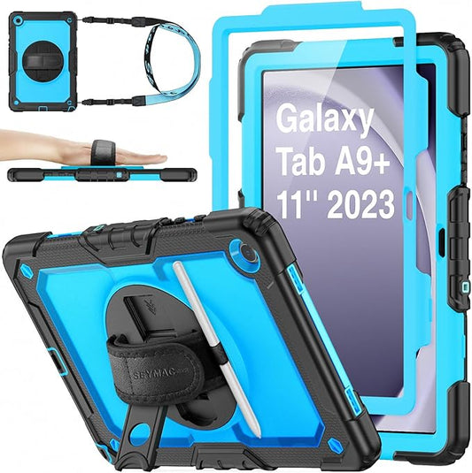 SEYMAC stock Case for Samsung Galaxy Tab A11+ Plus/A9+ Plus 11'', Full-Body Drop Protection Case with Screen Protector Pencil Holder [360° Rotating Hand Strap] &Stand, SkyBlue+Black