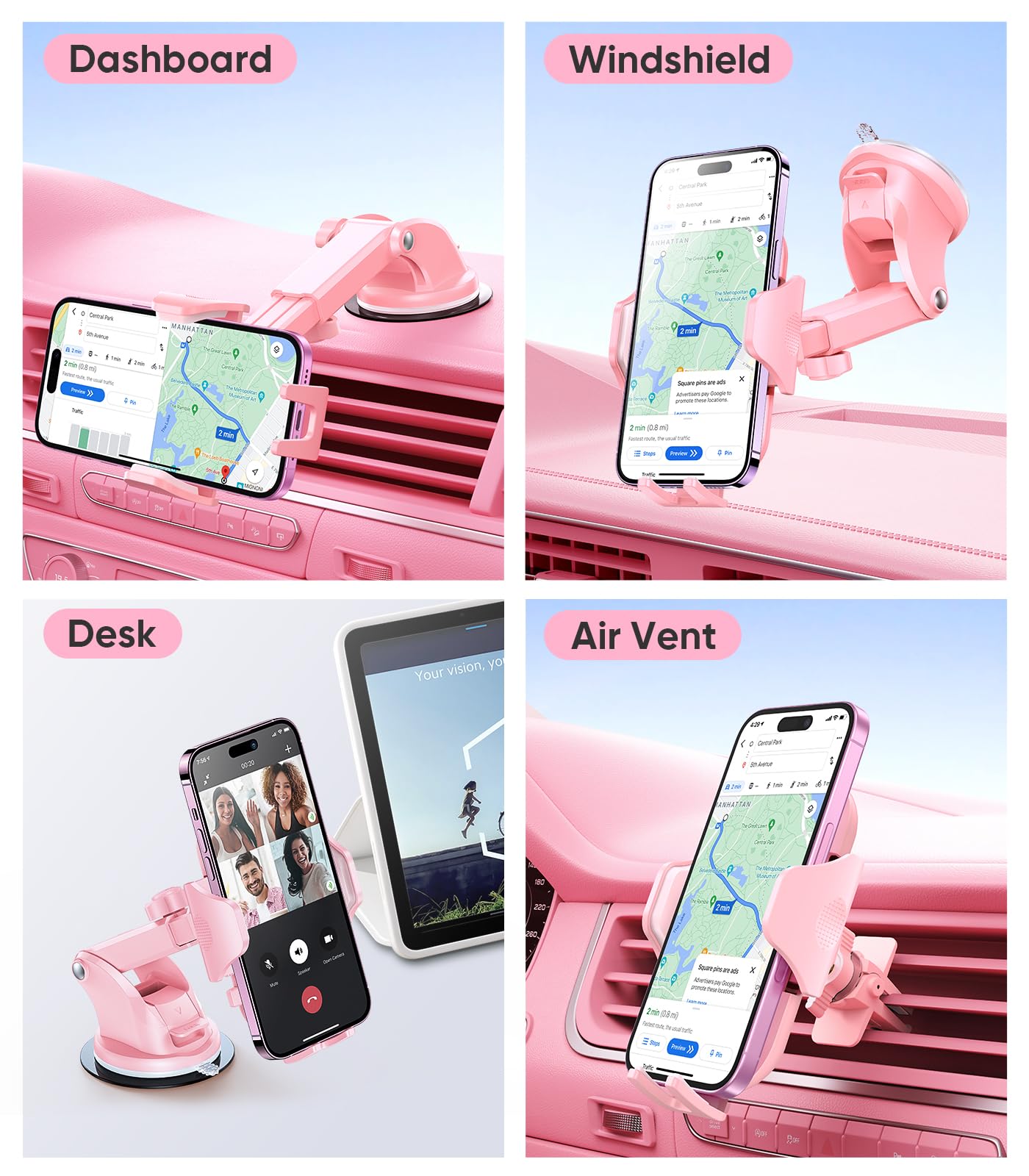 VICSEED Pink Phone Holders for Your Car, [True Military-Grade Shockproof Strongest Suction Power], 3-in-1 Dashboard Windshield Vent, Truck Boat Stand Cell Phone Mount for iPhone Android All Phones