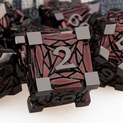 7PCS Metal DND Dice Set with Box, Debris RPG Red D and D Dice for use with D&D Tabletop Games Role Playing Game Polyhedral Dice Set D20 D12 D10 D8 D6 D4