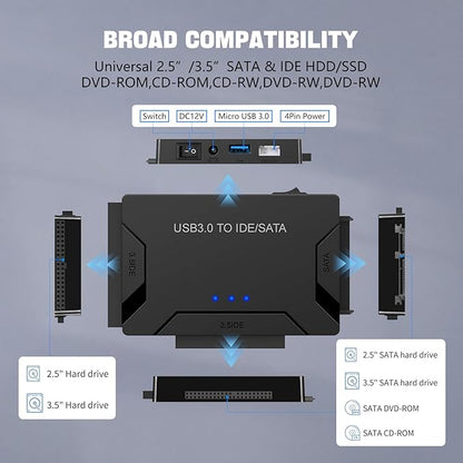MaxRenard Hard Drive Reader USB 3.0 to SATA/IDE Adapter | Universal External Hard Drive Reader & Data Recovery Converter Kit for 2.5"/3.5" HDD/SSD | with 12V/2A Power Supply