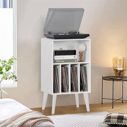 Lerliuo Record Player Stand, White Turntable Stand Holds up to 160 Albums, Mid-Century Vinyl Storage Cabinet Table with Solid Wood Legs, Record Player Holder Dispaly Shelf for Bedroom Living Room