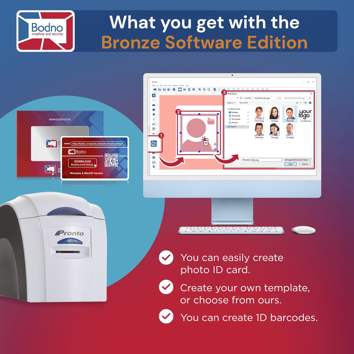 Bodno Magicard Pronto ID Card Printer & Complete Supplies Package ID Software - Bronze Edition
