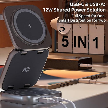 5-in-1 Wireless Charger for MagSafe, AC ISLAND Portable Travel Charging Station, 15W Max Fast Foldable Magnetic Stand, Evolved for iPhone 16/15/14/13 Series, Apple Watch, AirPods (with 35W Adapter)