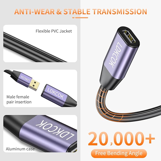 LDKCOK USB 2.0 Type A Male to A Female Active Repeater Extension Cable 75ft, High Speed 480 Mbps