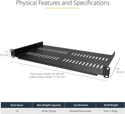 StarTech.com 8U Wall Mount Patch Panel Bracket - 13.75 inch Deep - 19" Patch Panel Rack & 1U Server Rack Shelf - Universal Vented Rack Mount Cantilever Tray, Black (CABSHELFV1U)