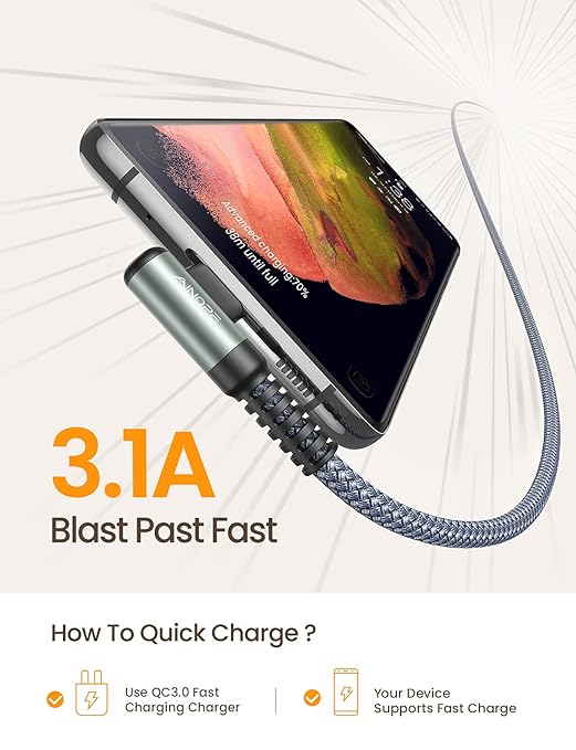 AINOPE 10 ft USB C Cable 2-Pack, 3.1A C Chargers Fast Charging 10 Foot, Resistant Nylon Braided Type C Charger Fast Charging 10ft Right Angle Charger Cord Fit for Galaxy S20 Ultra S10 S10E S9 S8 Plus