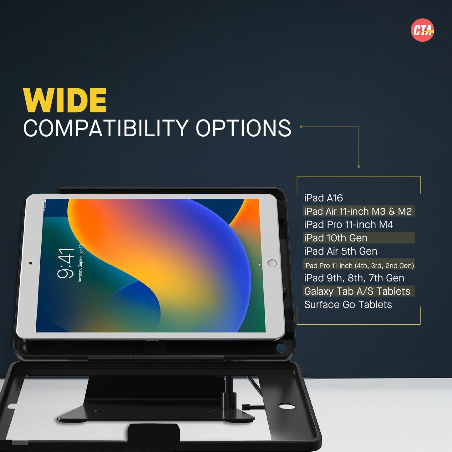CTA Digital Desktop Anti-Theft Stand – Kiosk Stand with Stylus, Tether, and Aluminum Enclosure for iPad 11th Gen A16 11” - 10th Gen 10.9” - Air 4th & 5th Gen - 11” Pro & More - Black (PAD-DASB109)