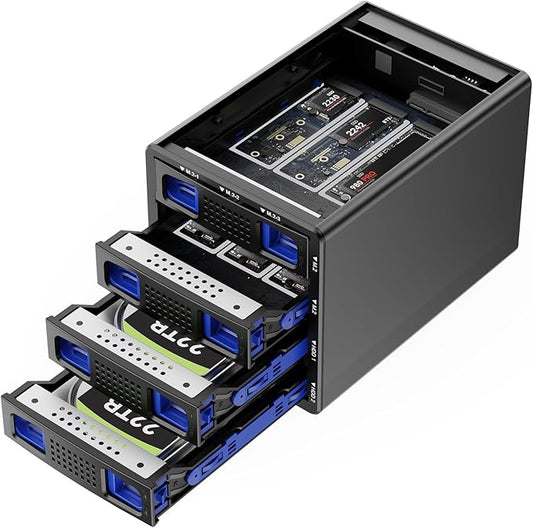 CENMATE Hybrid 2*2.5/3.5" SATA HDD/SSD+6* M / B+M Key M.2 NVMe Enclosure with Cooling Fan and USB A/C 3.2 Gen 2, Hard Drive Enclosure Support 92TB(2*22TB HDD+6*8TB 2230/2242/2260/2280/22110 SSDs)