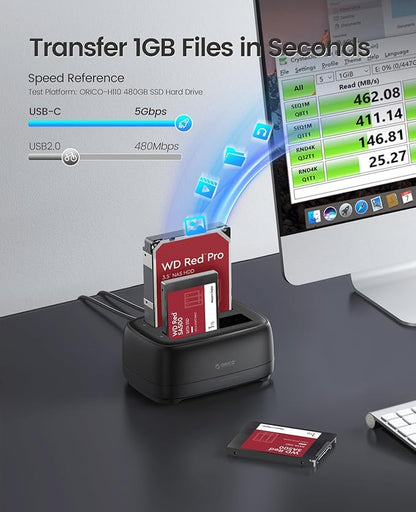 ORICO USB Type C to SATA 2 Bay Hard Drive Docking Station Duplicator/Cloner Function for 2.5 or 3.5 in HDD SSD with 2 in 1 USB C to A/C Cable (DD28C3-C)