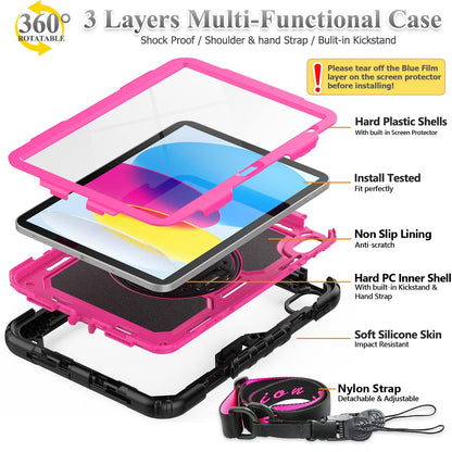 SEYMAC stock Case for iPad (A16) 11th/10th Generation 11''/10.9'' 2025/2022, Full-Body Drop Protection Case with Screen Protector &360° Rotate Hand Strap/Stand, Pink+Black