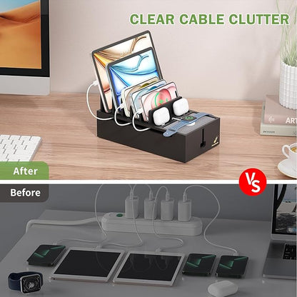 Pezin & Hulin Natural Bamboo Cable Management Box, Wire Organizers for Cords, Charge Station Box, Desktop Dock Organizer Rack for Electronic Device (Include 6 Cables)(No Power Adapter) -Black