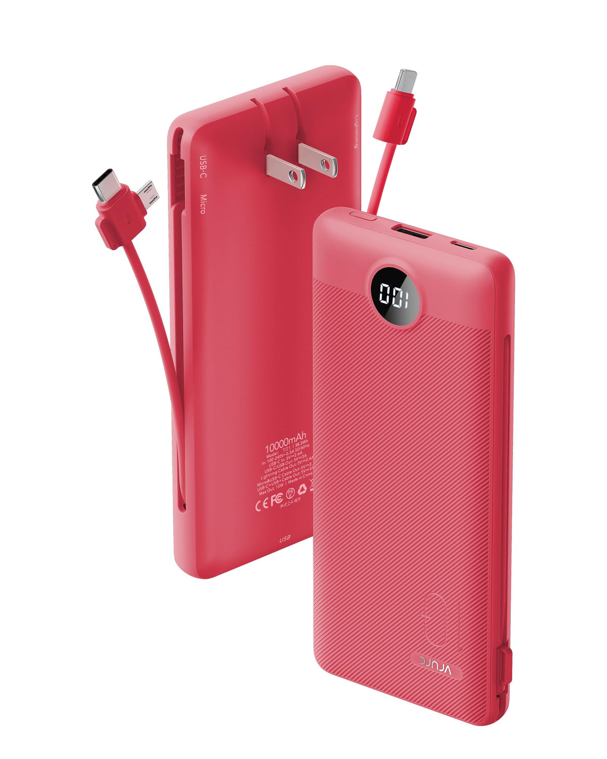 Portable Charger Built-in Cables and AC Wall Plug, VRURC USB C Power Bank 10000mAh, Travel Battery Portable Phone Charger Compact Lightweight External Battery Pack for SmartPhones,Tablets-Viva Magenta