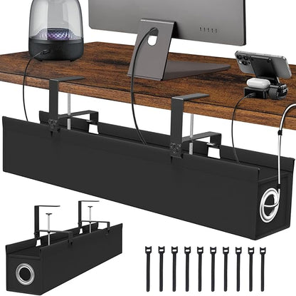 Under Desk Cable Management Tray No Drill, 30 Inch Cord Organizer with Oxford Fabric, Clamp Mount, Holds 60 lbs, Large Cable Rack for Gaming & Home Office Standing Desk