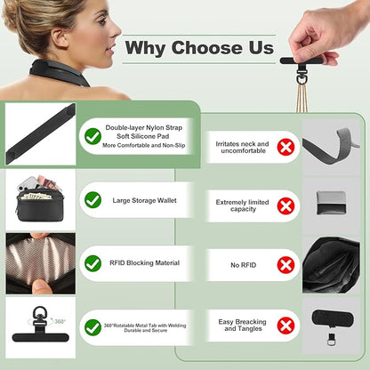 Clip and Go Strap for Phone with Wallet Crossbody, Adjustable Phone Lanyard with Detachable RFID Wristlet Wallet, Universal Phone Strap with 360° Rotatable Phone Tabs for All Phones (Black)