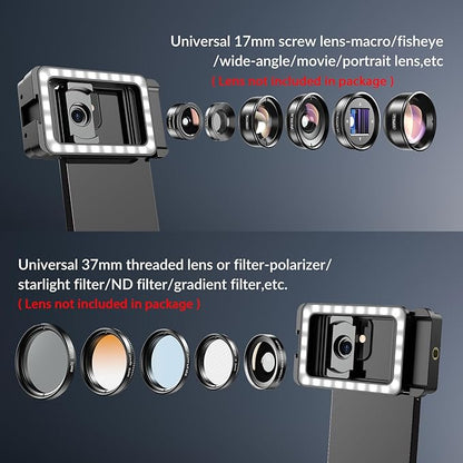 APEXEL 17mm+37mm Thread Adapter with LED Fill Light, One-Piece Phone Adapter for Android/iPhone, Attachments for Macro/Wide Angle/Fisheye/Flow/Radial/Star Filter/Kaleidoscope Lens