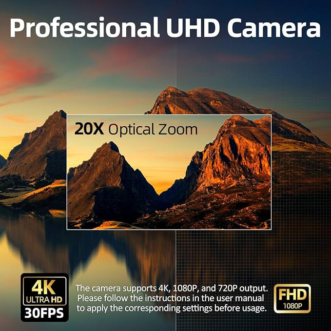 4K Conference Room Camera,PTZ Camera 20X Optical Zoom with IP/USB3.0/HDMI/RS232/RS485 for IP Live Streaming Video Conference and Church Education