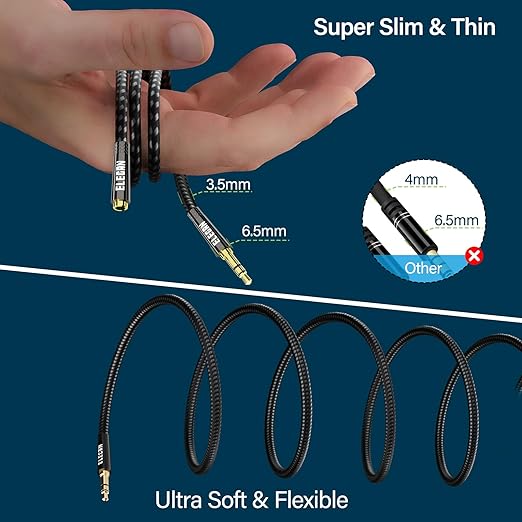 Elecan Headphone Extension Cable 2 Ft/2 Pack, 1/8 Inch 3.5 MM AUX Cord Wire Male to Female, Hi-Fi Sound Thin&Slim Braided TRS Stereo Audio Beats Cable Extender for Car,Home Stereos, Speaker,Phones