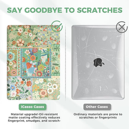 iCasso for MacBook Air 13 inch Case 2020 2019 2018 Release A2337 M1 A2179 A1932, Flower Hard Shell Protective Case for MacBook Air 13.3 inch + Keyboard Cover + Screen Film, Green Flower