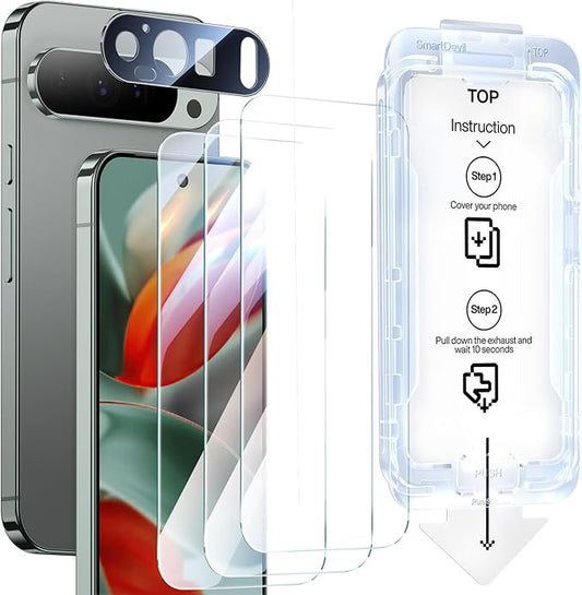 SMARTDEVIL [3+1 Pack] Tempered Glass for Google Pixel 9 Pro Screen Protector With Camera Lens Protector , FingerPrint Reader Compatible, Clear 9H Tempered Glass Film, Fast & Easy Installation, Bubble-Free