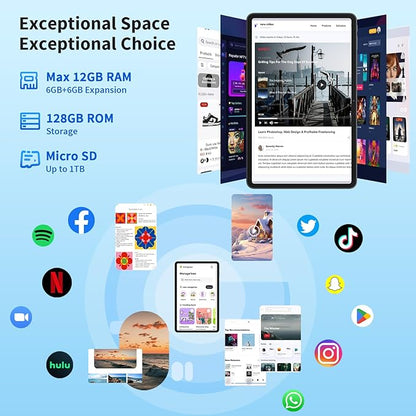 JJGJ Android 14 Tablet with Keyboard, 12GB RAM (6+6), 128GB Storage, 1TB Expandable, 8000mAh Battery, 10 Inch 2-in-1 Tablets, Includes Case, Mouse & Stylus（Black Case）