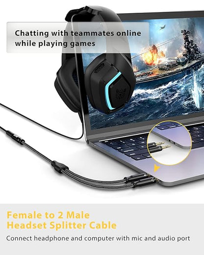 Headset Splitter Cable for PC 3.5mm Crystal-Nylon Braid Female to Dual 3.5mm TRS Male Headphone Mic Audio Y Splitter Cable CTIA Gaming Headset to PC Adapter - Matte Black 0.3M