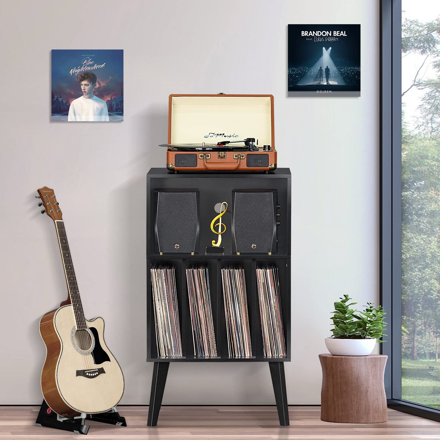 Lerliuo Record Player Stand, Black Turntable Stand Holds up to 160 Albums