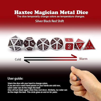 Haxtec Temperature Metal DND Dice Set Color Changing Polyhedral D&D Dice Set Compatible with Dungeons and Dragons RPG-Silver Black Red Shift