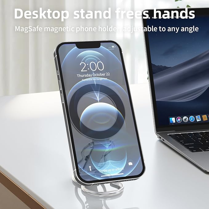 RESPECTED-BRO-Magnetic-Phone-Grip-Stand-with-Finger-Strap, 4-in-1 Magnetic Ring Holder, Kickstand and Elastic Strap for Smartphones, Universal Fit for iPhone, Android, and Cases (Silver)