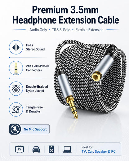 MORELECS Headphone Extension Cable 10ft - Aux 3.5mm Extension Cable Male to Female, 1/8 Inch TRS Stereo Audio Jack Extender for Car, Speaker, TV, PC (Audio Only, No Mic)