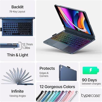 typecase Touch iPad 9th Generation Case with Keyboard (10.2", 2021), Multi-Touch Trackpad, 10 Color Backlight, 360° Rotatable, Thin & Light for 8th Gen (2020), 7th Gen (2019), Air 3 (Midnight Blue)