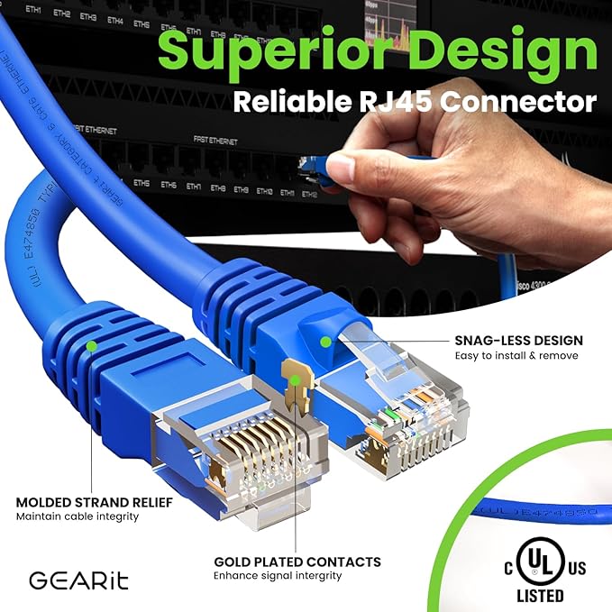 GEARit Cat 6 Ethernet Cable (100-Pack 0.5 Feet) Cat6 Network Patch, 10Gbps, RJ45, Snagless Cord, Gold-Plated Connectors, Internet for PC, TV, Tablet, Router, Printer, Servers, IT Data Center - Blue
