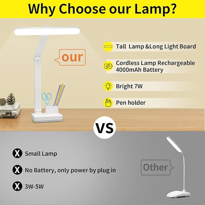 Cordless Desk Table Lamp Reading Light Rechargeable Battery 4000mah, Tall & Large Light 50 LED,Touch 3 Modes,2 Ways Power,Dimmable, Bedroom Bedside Lamp,20 Inch