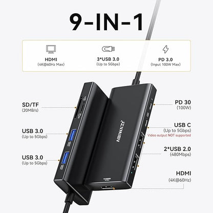 Hub Multiport Adapter for MacBook Pro/Air, 9 in 1 Accessories Mac USB C Dongle Dock Adapter with HDMI, SD/TF Card Reader, USB C Port, PD 100W and 4 USB for Dell XPS, Lenovo HP Laptops