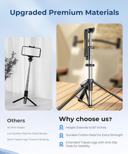 Fuloview 67” Selfie Stick Tripod for iPhone, Lightweight Travel Phone Tripod with Wireless Remote, Extendable Cell Phone Stand for Photography, Video & Live Streaming – Black