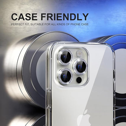 Choiche Compatible for iPhone 15 Pro/iPhone 15 Pro Max Camera Lens Protector Bling, 9H Tempered Glass Camera Cover Screen Protector Metal Ring Decoration Accessories (Diamond-Silver)