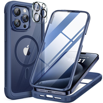 Miracase Magnetic for iPhone 12 Pro Max Case [Compatible with MagSafe] Full-Body Phone case with Built-in Glass Screen Protector& Camera Protector, Military Drop Proof 12 Pro Max Cover, Blue