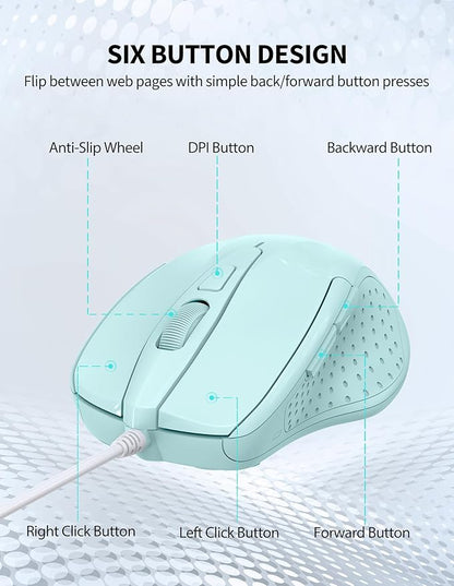 TECKNET Wired Mouse, 6-Button Corded with 4 Adjustable DPI, Ergonomic Optical Mouse, 5FT Cord for Laptop, Chromebook, PC, Desktop, Mac, Notebook - LT.Green