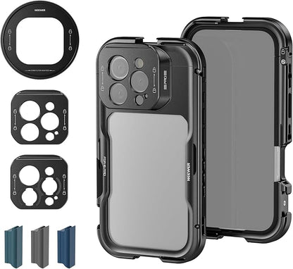 NEEWER 16 Pro Cage, Quick Release Video Rig Phone Stabilizer Compatible with iPhone 16 Pro with Adapters of 67mm Filter, 17mm Lens & T Mount Lens, Full Camera Control Access, PA073