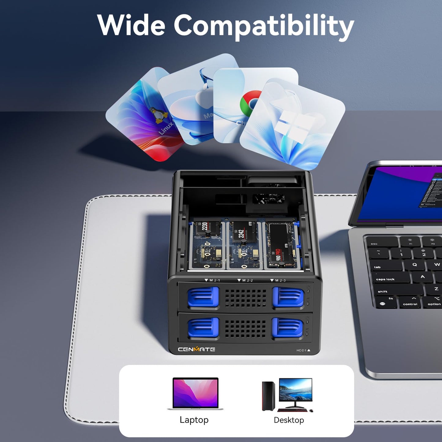 CENMATE Hybrid 2.5/3.5" SATA HDD/SSD+3* M / B+M Key M.2 NVMe Enclosure with Cooling Fan and USB A/C 3.2 Gen 2 (10Gbps), Hard Drive Enclosure Support 46TB(22TB HDD+3*8TB 2230/2242/2260/2280/22110 SSDs)