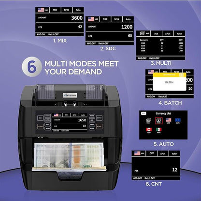 NUCOUN VC-3 Money Counter Machine Mixed Denomination, Value Counting, CIS/UV/IR/MG/MT Counterfeit Detection, USD/Euro/CAD/MXN, Printer Enabled Bill Cash Counter for Business