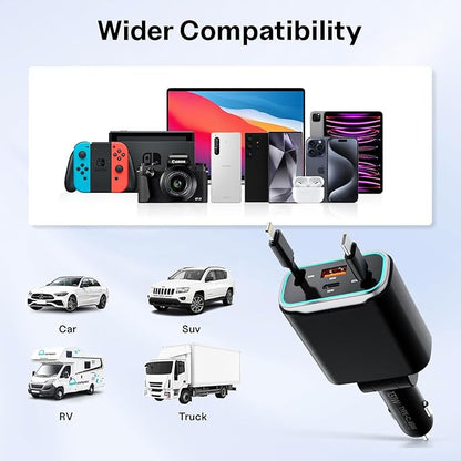 iPhone Car Charger, 4 in 1 Retractable Fast Car Phone Charger Adapter 131W, Retractable Cables (31.5 inch) & 2 USB Ports for iPhone 16/15/14/13/12/11 Pro/Samsung